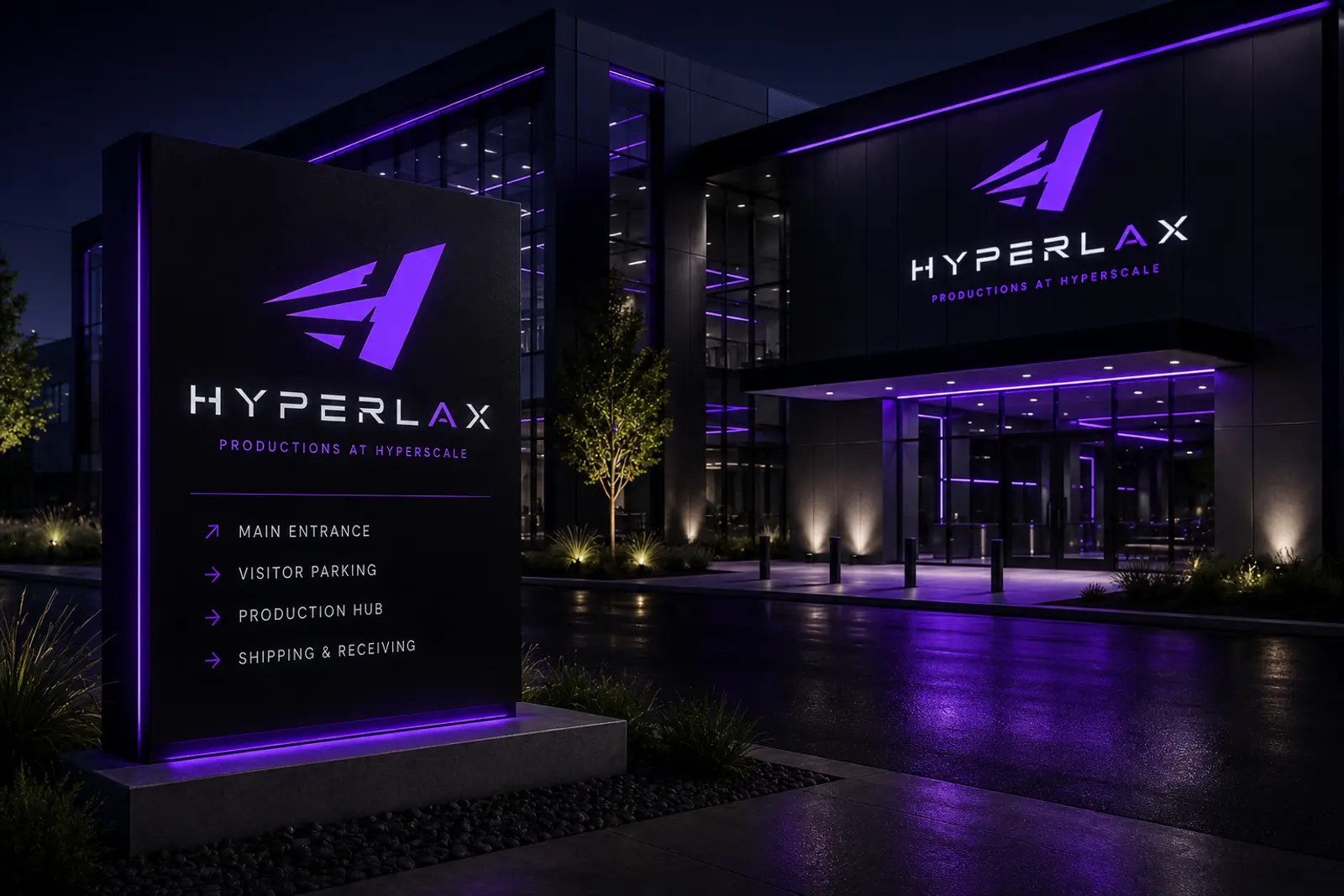 Concept render of the future Hyperlax campus at night: black glass buildings edged in purple light, the Hyperlax mark above the entrance
