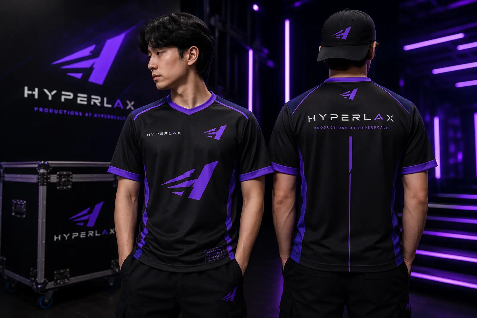 Hyperlax esports crew jerseys in a purple-lit arena backstage